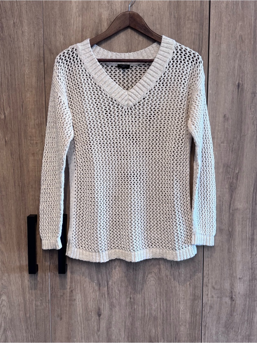 Talbots Crochet Coastal Open Knit V-Neck Cotton Sweater Petite M